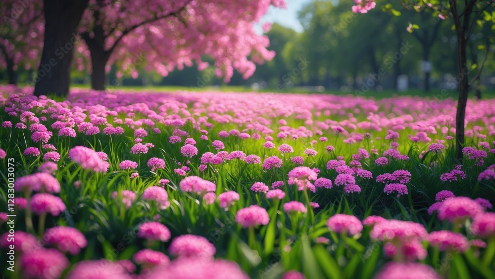 Vibrant pink flower field in a park with green grass and trees under sunlight during springtime season Vibrant pink flower field in a park with green grass and trees under sunlight during springtime season