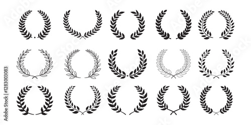 Laurel wreath. Set outline silhouette hand drawn laurel wreaths isolated Doodle floral frames.