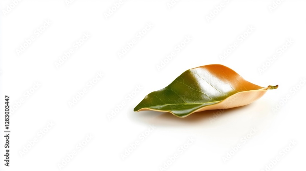 Fototapeta premium Single magnolia leaf with vibrant color on a white isolated background. Generative AI