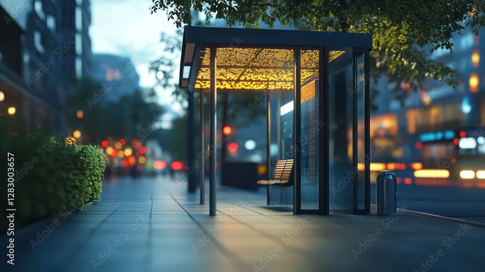 Night City Bus Stop: Tranquil Evening Scene Night City Bus Stop: Tranquil Evening Scene