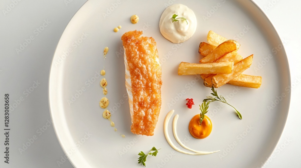 A deconstructed fish and chips dish, where the crispy fish fillet, hand-cut fries, and condiments are arranged separately on a modern white plate A deconstructed fish and chips dish, where the crispy fish fillet, hand-cut fries, and condiments are arranged separately on a modern white plate