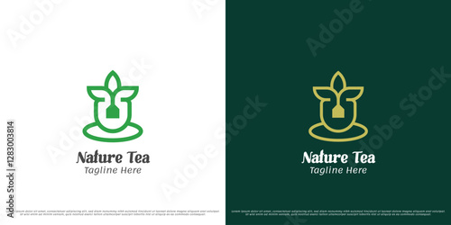 Herbal tea bag vector logo design illustration. Silhouette of herbal black tea drink health medical pharmacy green tea. Simple minimal elegant abstract vector icon symbol.