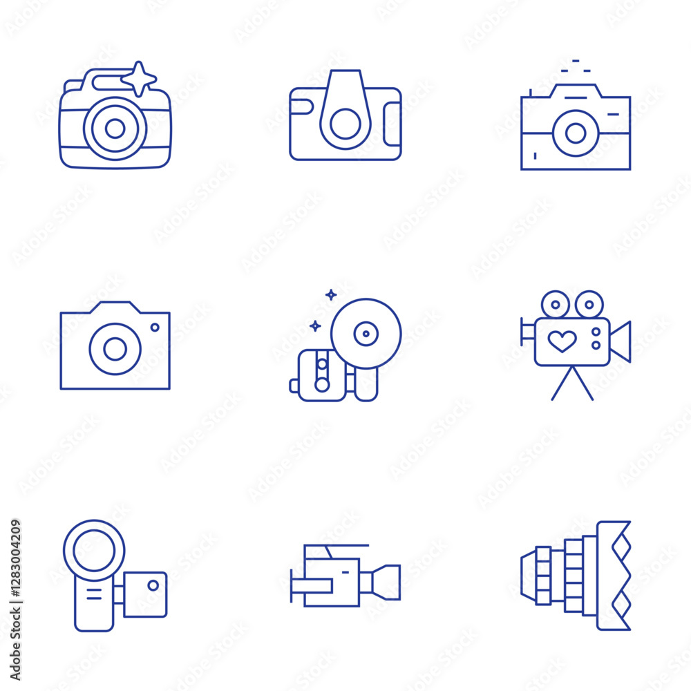 Camera icons set. Thin Line style, editable stroke. camera, camera T, video camera, film camera, camera lens Camera icons set. Thin Line style, editable stroke. camera, camera T, video camera, film camera, camera lens