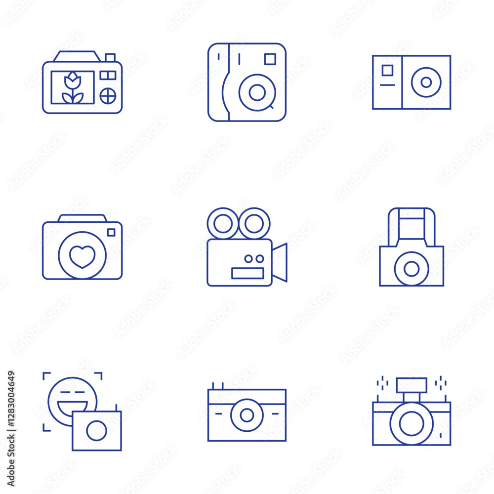 Camera icons set. Thin Line style, editable stroke. instant camera, camera T, photo camera, camera, front camera, video camera Camera icons set. Thin Line style, editable stroke. instant camera, camera T, photo camera, camera, front camera, video camera