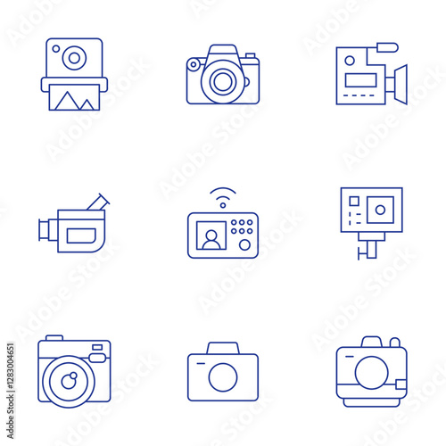 Camera icons set. Thin Line style, editable stroke. instant camera, video camera, photo camera, intercom, video, gopro, camera