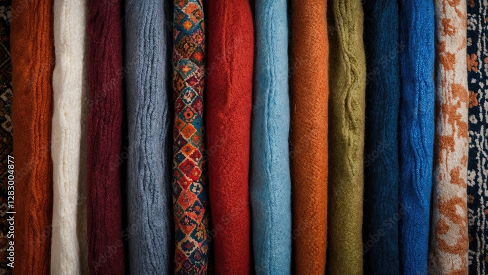 Colorful wool fabric textures arranged in a flat lay composition showcasing various patterns and hues for textile design concepts. Colorful wool fabric textures arranged in a flat lay composition showcasing various patterns and hues for textile design concepts.