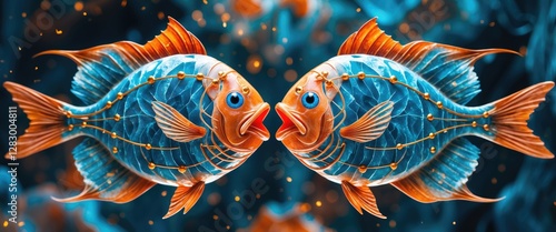 Two decorative fish with intricate patterns in vibrant colors swimming towards each other in an abstract underwater setting