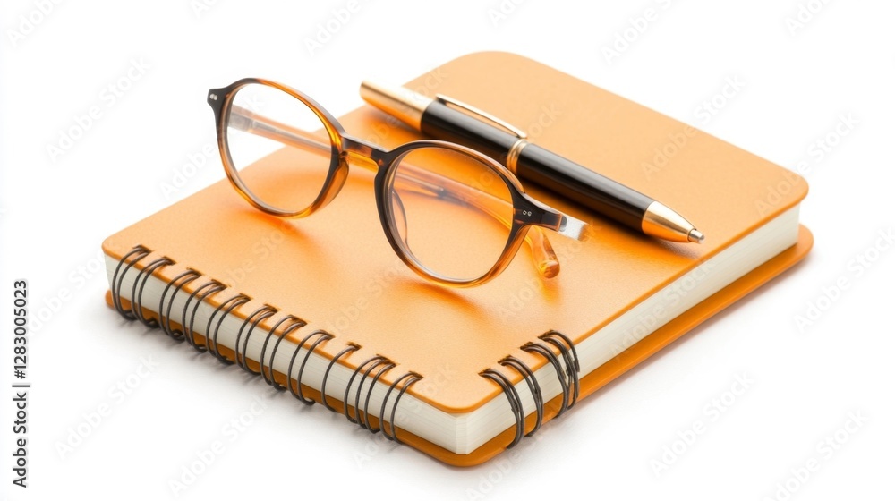 Stylish orange notebook with glasses and pen on isolated white background. Generative AI Stylish orange notebook with glasses and pen on isolated white background. Generative AI