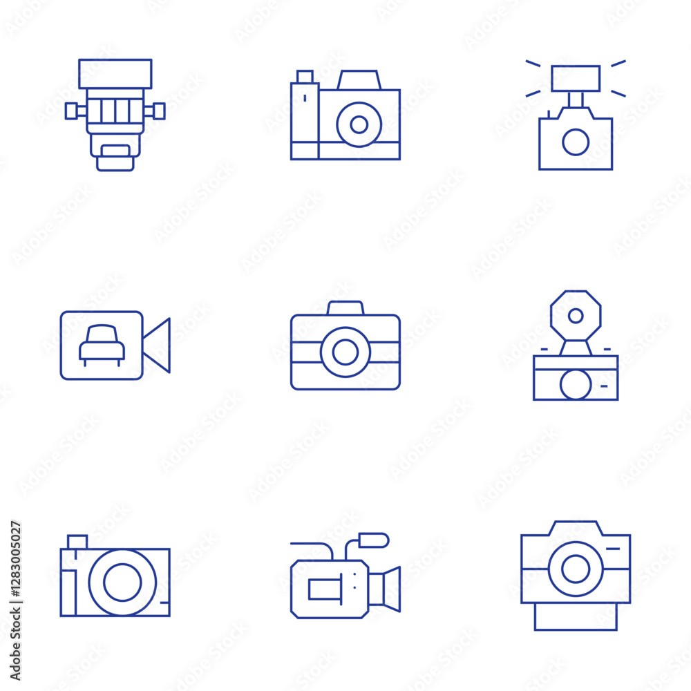 Camera icons set. Thin Line style, editable stroke. photo camera, camera T, video camera, camera flash, lens, security camera Camera icons set. Thin Line style, editable stroke. photo camera, camera T, video camera, camera flash, lens, security camera