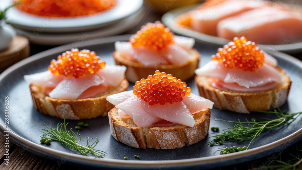Appetizing salmon tartare topped with orange fish roe served on toasted bread slices garnished with herbs on a wooden table Appetizing salmon tartare topped with orange fish roe served on toasted bread slices garnished with herbs on a wooden table