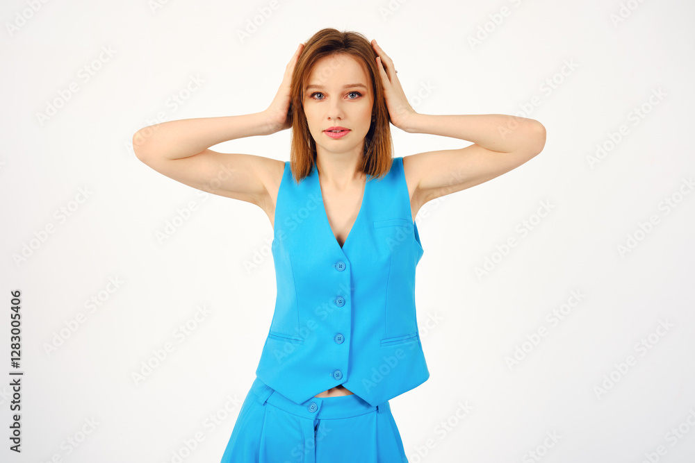 Model in bright blue outfit poses with hands on head in white studio setting Model in bright blue outfit poses with hands on head in white studio setting