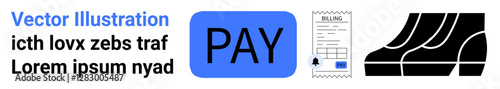 Receipt with payment details, digital PAY button, and abstract escalator graphic. Ideal for e-commerce, finance, retail, automation, online payments, technology flat landing page banner