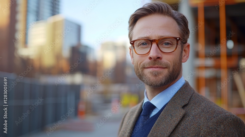 Professional man in glasses stands confidently in urban setting during daylight with construction in background Professional man in glasses stands confidently in urban setting during daylight with construction in background