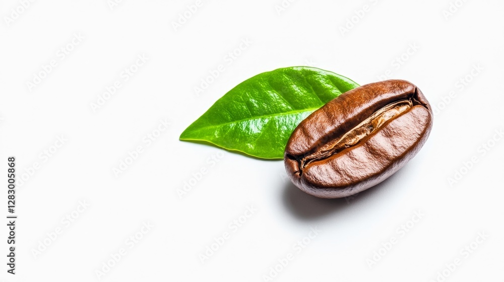 Fresh Coffee Bean on a Green Leaf Isolated on White Background. Generative AI Fresh Coffee Bean on a Green Leaf Isolated on White Background. Generative AI