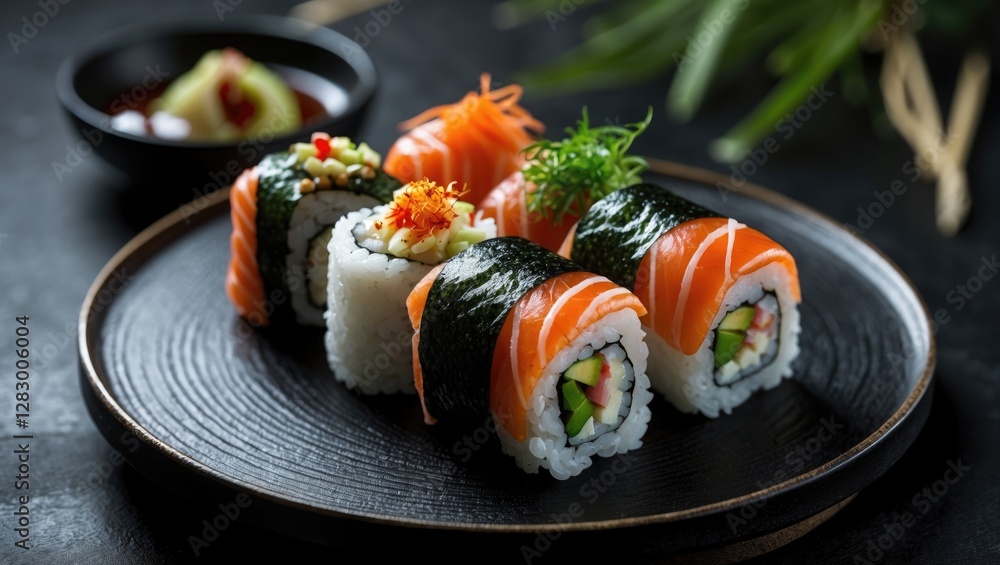Sushi rolls with salmon and vegetables served on a black plate with soy sauce and wasabi on a dark background Sushi rolls with salmon and vegetables served on a black plate with soy sauce and wasabi on a dark background