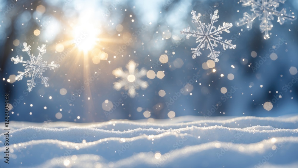 Naklejka premium Winter wonderland with glistening snowflakes and sunlight creating a magical snowy background ideal for seasonal themes and holiday designs.