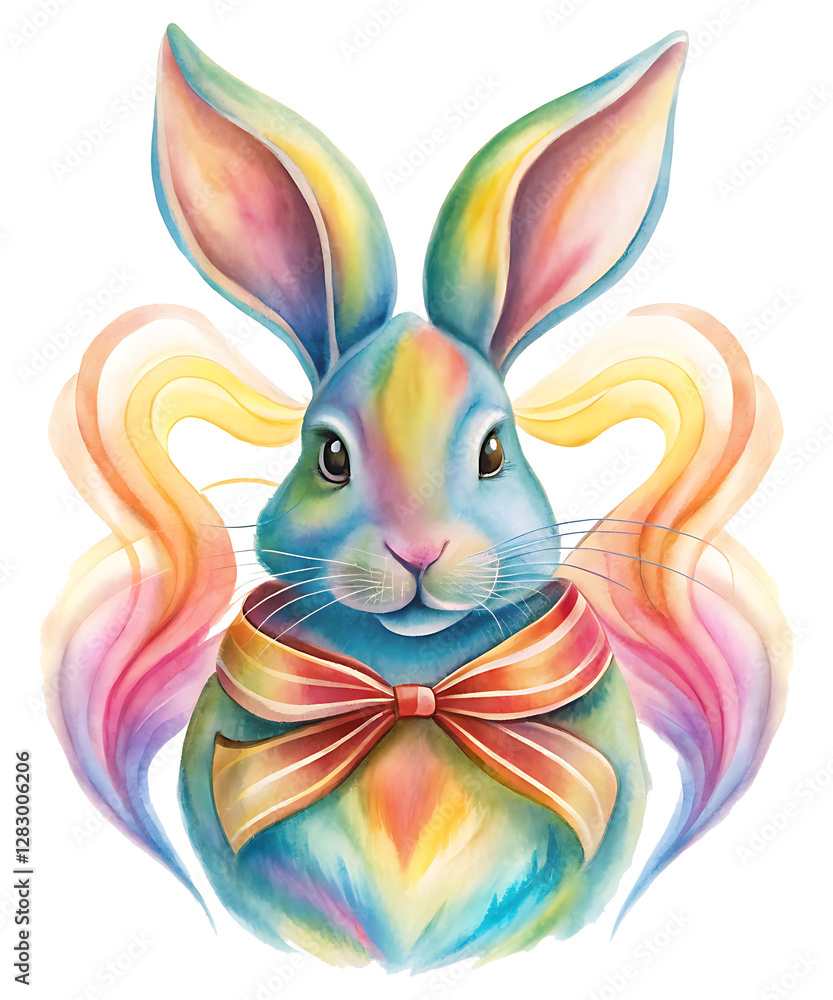Naklejka premium Playful Pastel Bunny with Elegant Bow – Magical Spring Decor. Neon Easter Bunny Clipart – Cute and Artistic Rabbit PNG, Easter Water Color Bunny Png
