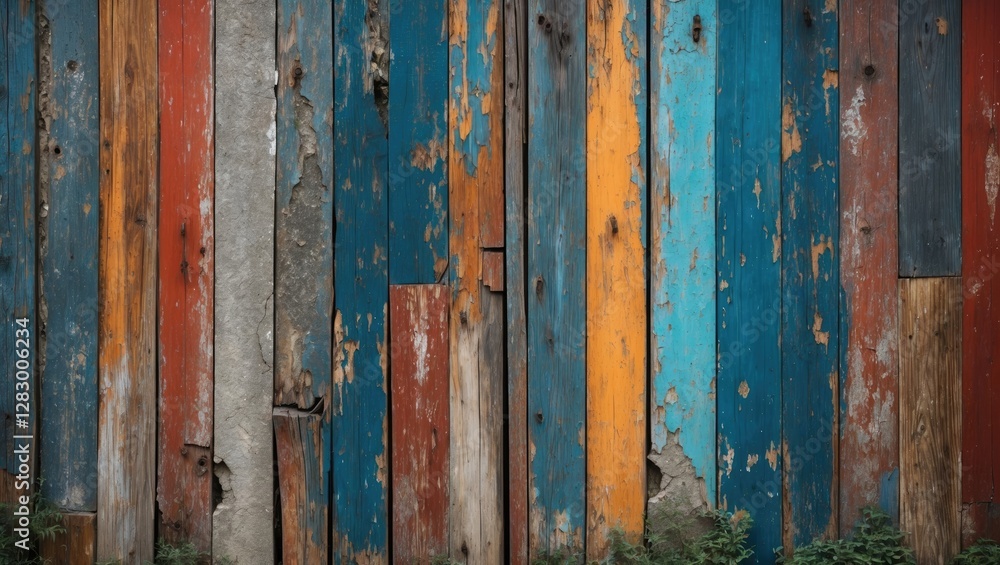 Rustic Colorful Wooden Plank Wall with Distressed Texture and Varied Stripes for Background or Textures in Design Projects Rustic Colorful Wooden Plank Wall with Distressed Texture and Varied Stripes for Background or Textures in Design Projects