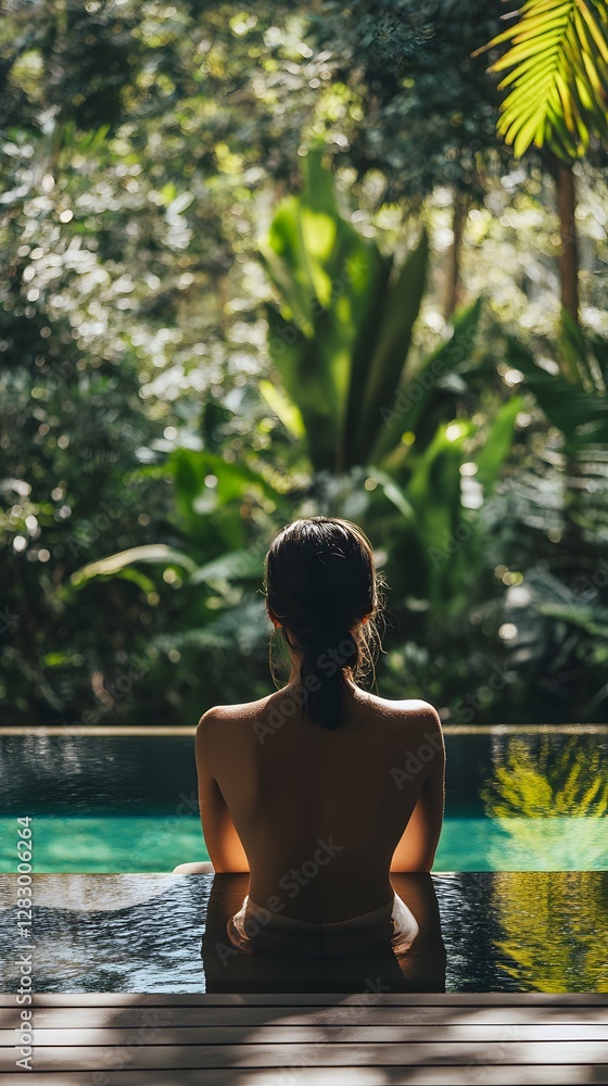 Woman relaxing on wooden deck by pool in wellness retreat photography Woman relaxing on wooden deck by pool in wellness retreat photography