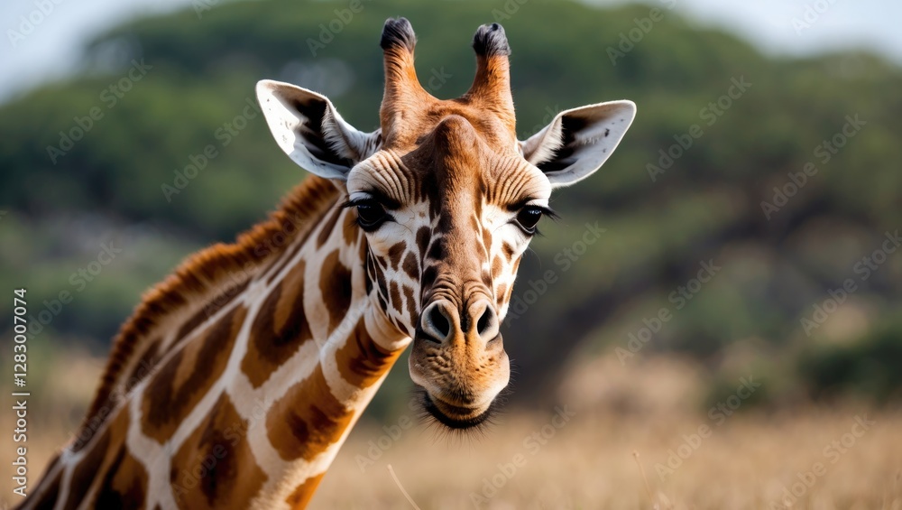 Fototapeta premium Close-up portrait of a giraffe in the wild with distinctive pattern and features against a blurred natural background