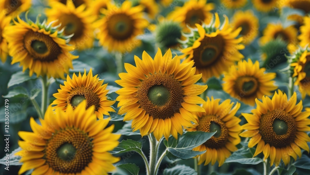 Vibrant Field of Sunflowers in Bloom Showcasing Bright Yellow Petals and Lush Green Leaves Under Natural Daylight Vibrant Field of Sunflowers in Bloom Showcasing Bright Yellow Petals and Lush Green Leaves Under Natural Daylight