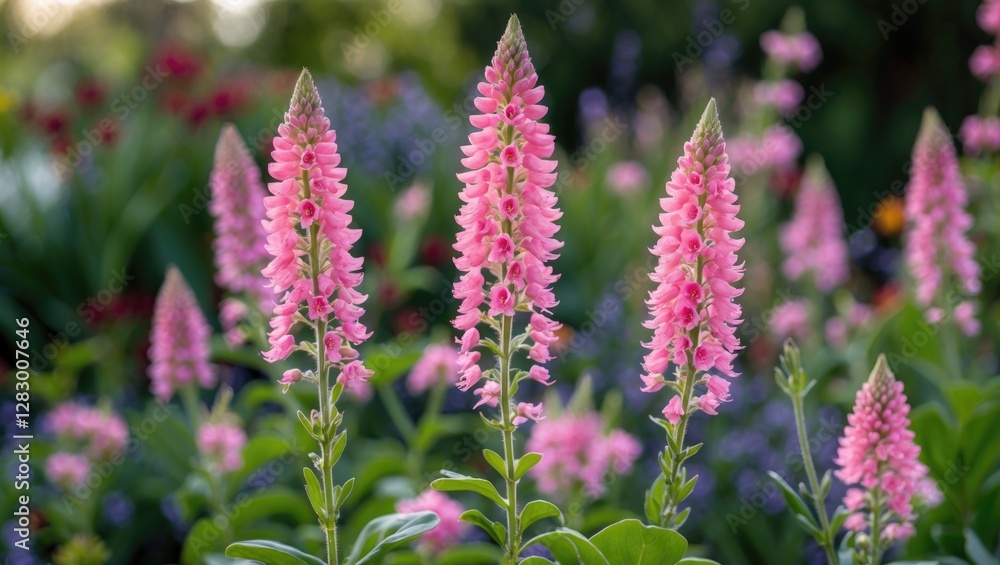 Elegant pink flowering spikes standing tall in a vibrant garden showcasing nature's beauty and floral diversity.