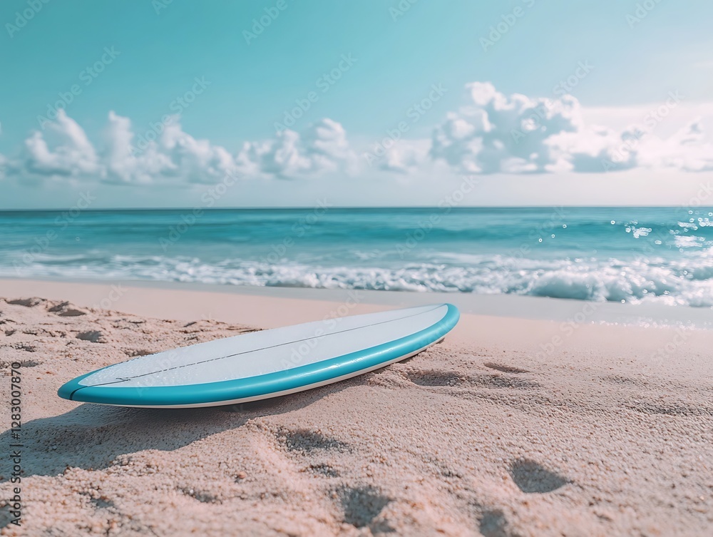 Surfboard on Beach, Tropical Ocean Surfboard on Beach, Tropical Ocean