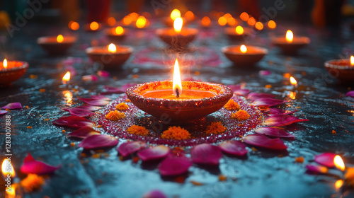 Diwali background featuring an elaborate rangoli surrounded by flickering candles and festive sparkles photo