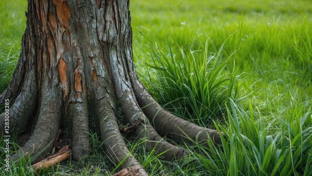Tree trunk with textured bark surrounded by lush green grass in a natural outdoor setting. Tree trunk with textured bark surrounded by lush green grass in a natural outdoor setting.