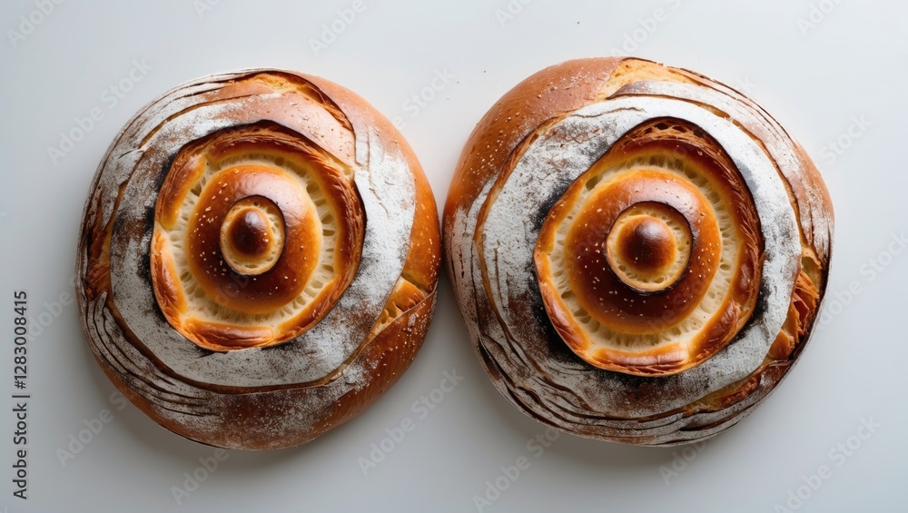 Two round artisanal breads with spiral patterns on a light background showcasing crusty surface and golden-brown color Two round artisanal breads with spiral patterns on a light background showcasing crusty surface and golden-brown color