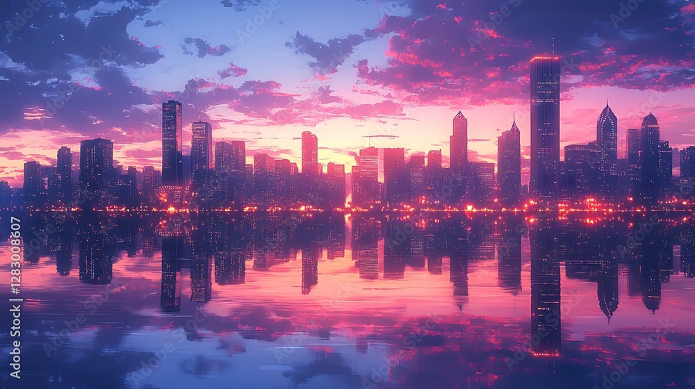 Fototapeta premium Chicago skyline at dusk, anime aesthetic, glowing skyscrapers mirrored perfectly on the still waters of Lake Michigan, warm tones blending with cool blues in the twilight sky, vivid and serene.