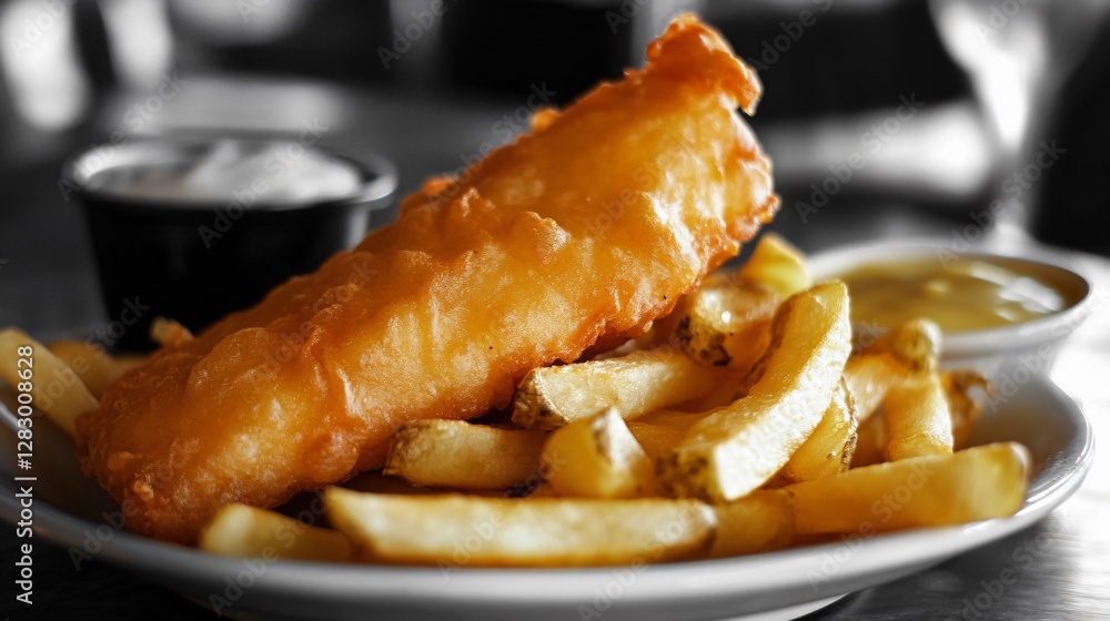 A monochromatic black-and-white setting where only the golden fish and chips are in color, highlighting their crispiness A monochromatic black-and-white setting where only the golden fish and chips are in color, highlighting their crispiness