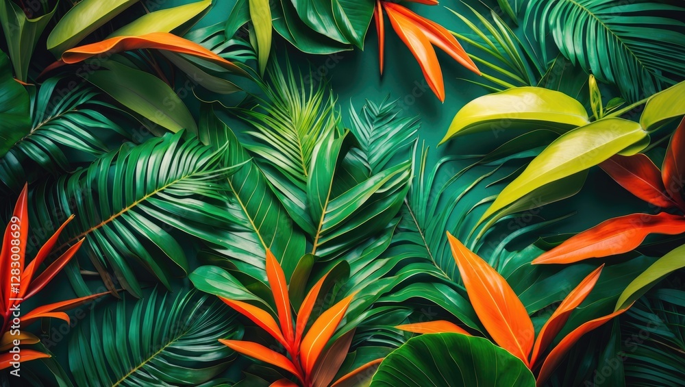 Tropical foliage background featuring various green leaves with orange and yellow accents in a dense arrangement Tropical foliage background featuring various green leaves with orange and yellow accents in a dense arrangement