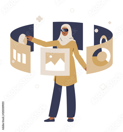 Arab Woman Using Virtual Interface In Flat Vector Illustration Symbolizing Digital Interaction, Smart Technology, And Innovation, Isolated On White Background