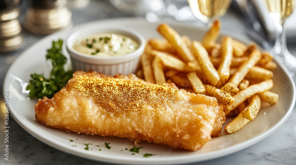 A New Year's Eve luxurious fish and chips, where the fries are dusted with gold leaf and served with a champagne-infused aioli A New Year's Eve luxurious fish and chips, where the fries are dusted with gold leaf and served with a champagne-infused aioli