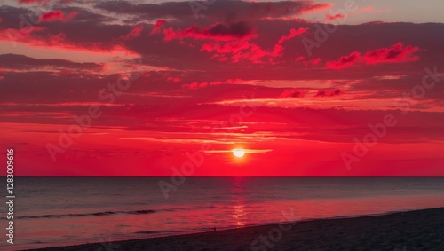 Fototapeta Naklejka Na Ścianę i Meble -  Stunning red sunset over the Baltic Sea viewed from the beach with vibrant clouds reflecting evening colors in the sky.