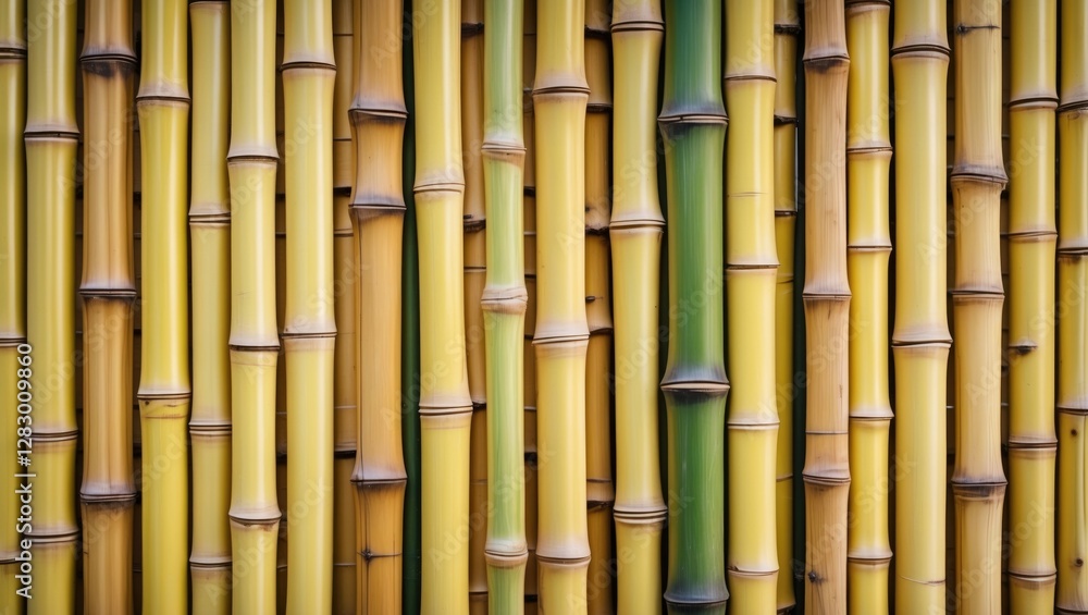 Naklejka premium Bamboo texture background showcasing vibrant yellow and green hues in a natural wooden pattern for design and decor projects.