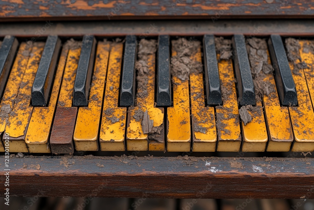 Dirty, decaying piano keys covered in dust and debris. Dirty, decaying piano keys covered in dust and debris.