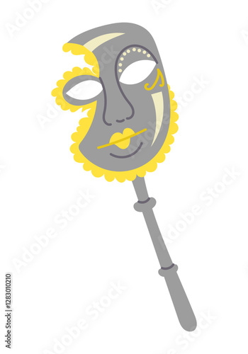Elegant Venetian style mask on a stick with intricate yellow and gray decorative details, designed in a minimalist artistic style. Vector flat drawing isolated on white background
