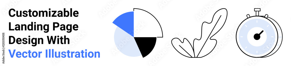 Data visualization pie chart, stopwatch, and minimalist leaf on a clean layout. Ideal for business, analytics, eco themes, productivity, modern design, education flat landing page banner Data visualization pie chart, stopwatch, and minimalist leaf on a clean layout. Ideal for business, analytics, eco themes, productivity, modern design, education flat landing page banner