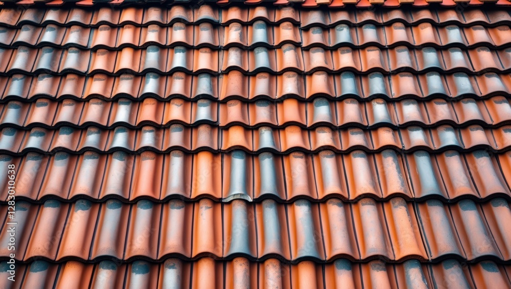 Close-up view of a textured roof featuring red and brown ceramic tiles arranged in rows. Close-up view of a textured roof featuring red and brown ceramic tiles arranged in rows.