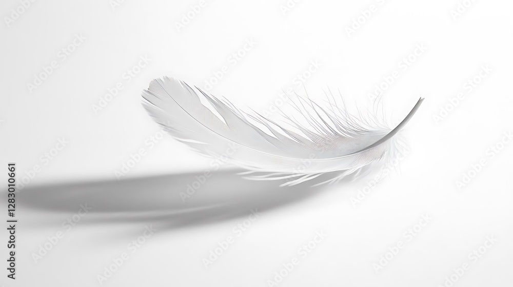 Obraz premium Elegant White Feather Floating Gently on White Background Casting Soft Shadow