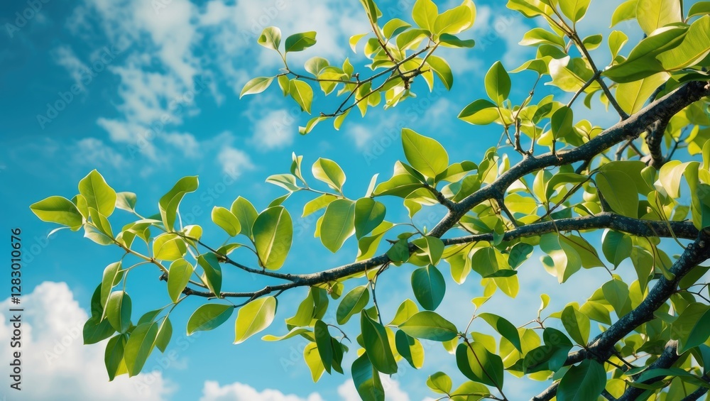 Lush Green Leaves on Branch Against a Bright Blue Sky with Soft Clouds Dreamy Nature Background Lush Green Leaves on Branch Against a Bright Blue Sky with Soft Clouds Dreamy Nature Background