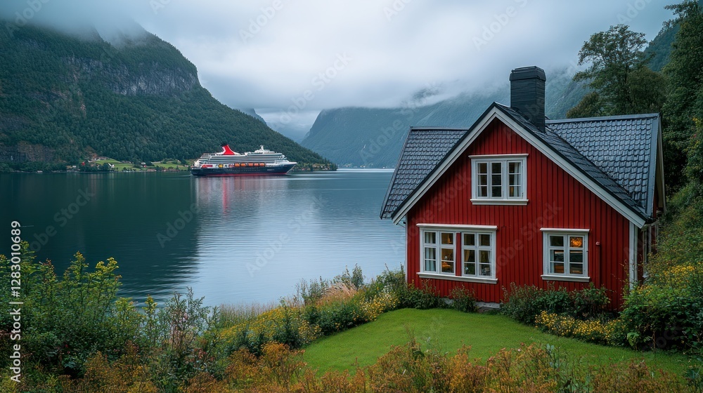 Fototapeta premium Norwegian Fjord, Cruise Ship, Red Cabin, Misty Mountains