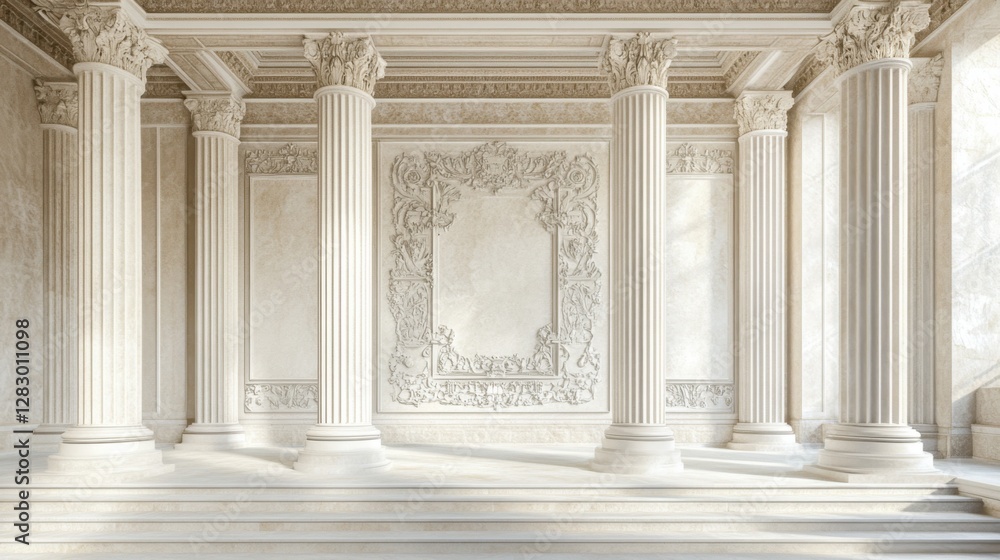 Fototapeta premium A legislative hall with modern stone architecture and large columns. Featuring strength and stability
