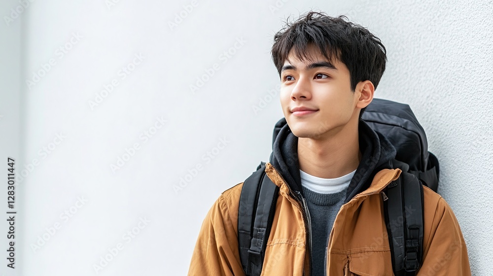 asian male student walking against white wall in isolated portrait, capturing the essence of youth, education journey, modern student lifestyle, and personal style asian male student walking against white wall in isolated portrait, capturing the essence of youth, education journey, modern student lifestyle, and personal style