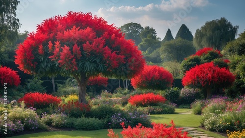 Vibrant red flowering trees in lush garden landscape under blue sky with clouds, showcasing colorful floral bush surroundings