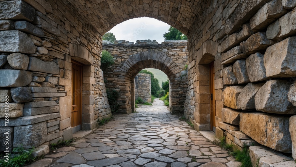 Fototapeta premium Ancient stone archway pathway with wooden doors and cobblestone surface surrounded by greenery under a cloudy sky