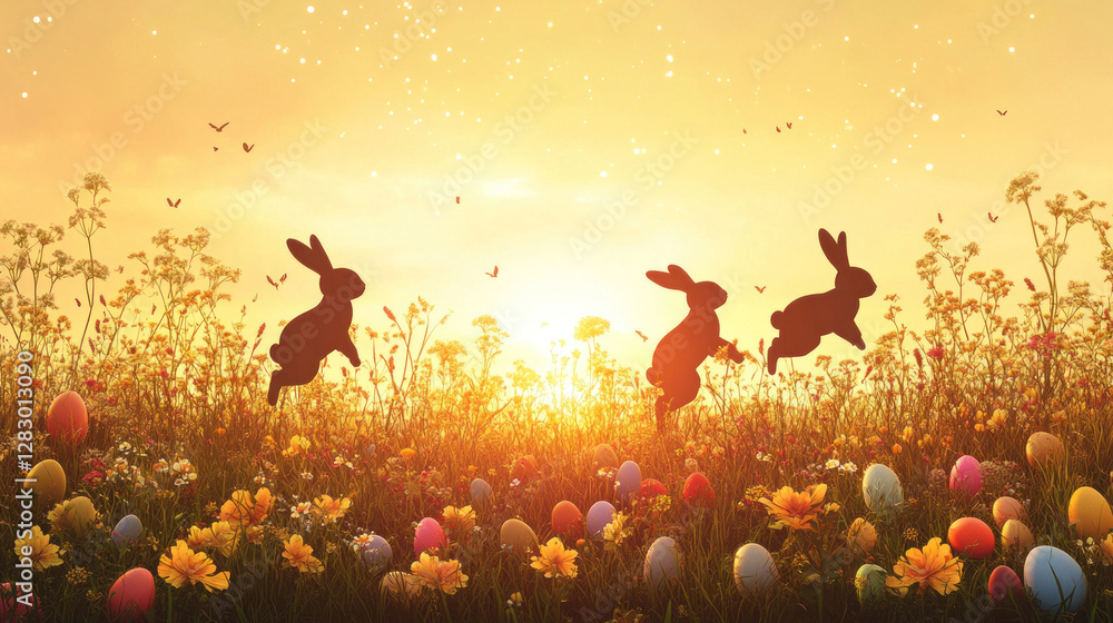 Fototapeta premium Easter background with bunny silhouettes hopping across a garden filled with colorful eggs