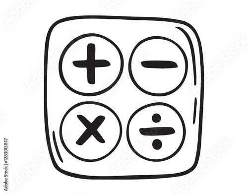 Mathematical operations, divide and multiply, minus and plus doodle hand drawn icon. Outline drawing math symbols line clipart symbol